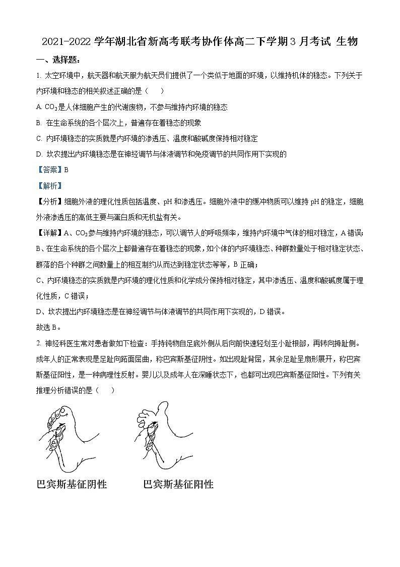 2021-2022学年湖北省新高考联考协作体高二下学期3月考试生物含解析练习题01
