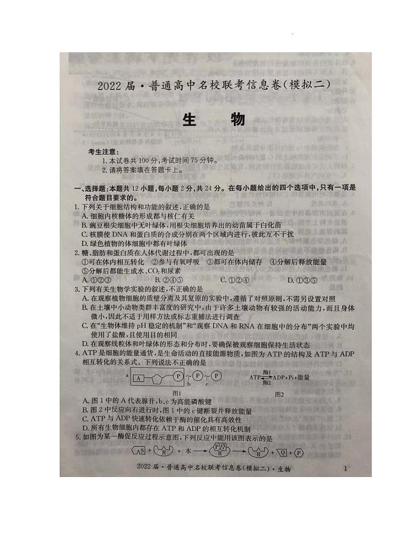 2022高三普通高中名校联考信息卷(模拟二)试卷及答案――生物(解析版)第1页