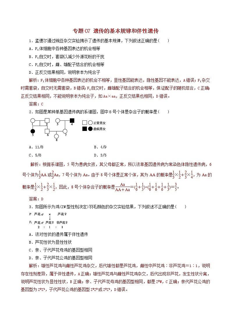 高考生物考纲解读与热点难点突破专题07《遗传的基本规律和伴性遗传》(含详解)第1页
