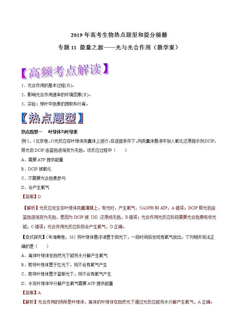 高考生物提分秘籍:专题11《能量之源——光与光合作用》教学案(含答案)教案第1页