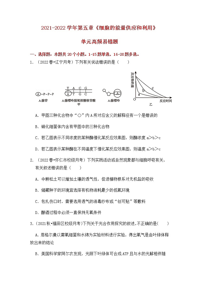 【高频单元易错题】人教版(2019)高一上生物必修1第五章:细胞的能量供应和利用(含答案解析)01