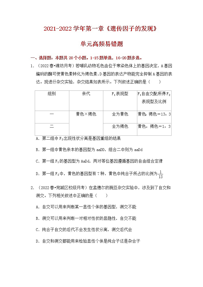【高频单元易错题】人教版(2019)2021-2022学年高一下生物必修2第一章:遗传因子的发现(含答案解析)第1页
