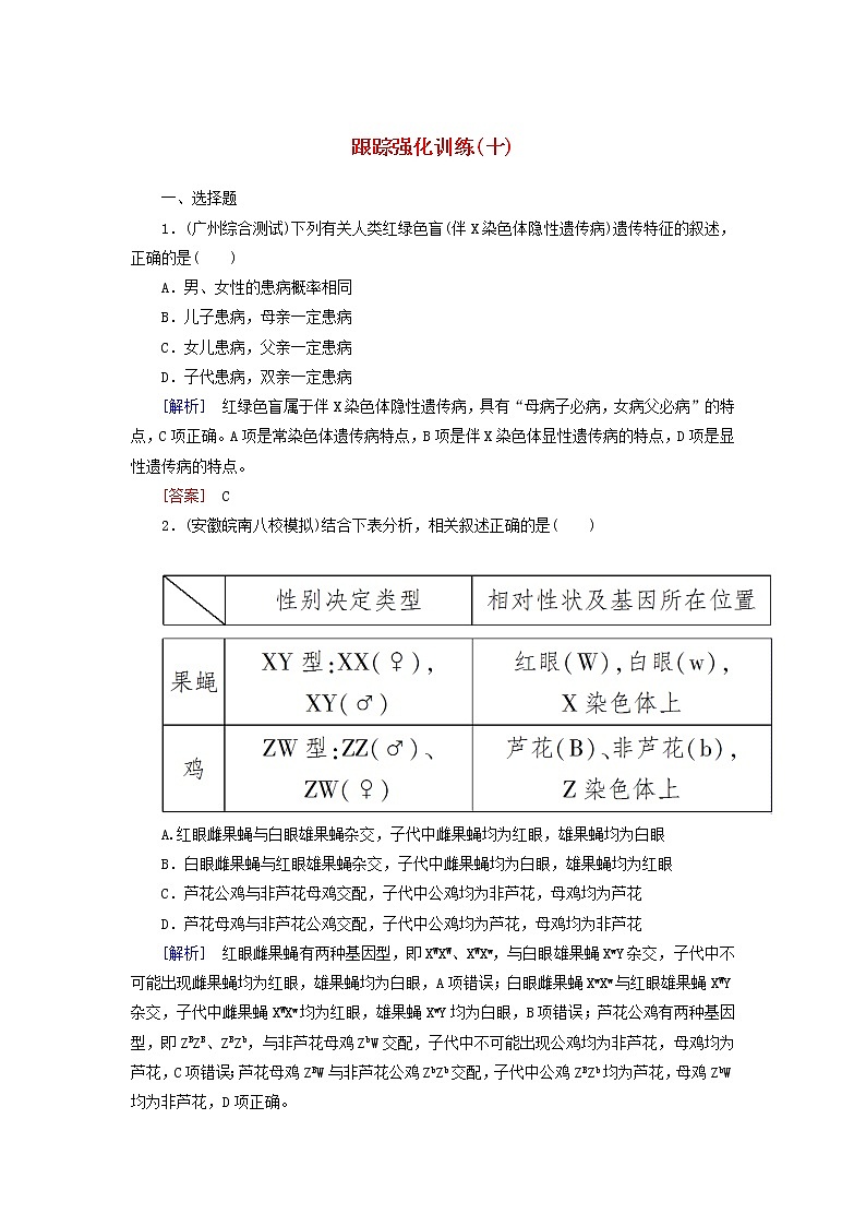 高考生物二轮复习跟踪强化训练10《伴性遗传与人类遗传病》(含详解)第1页