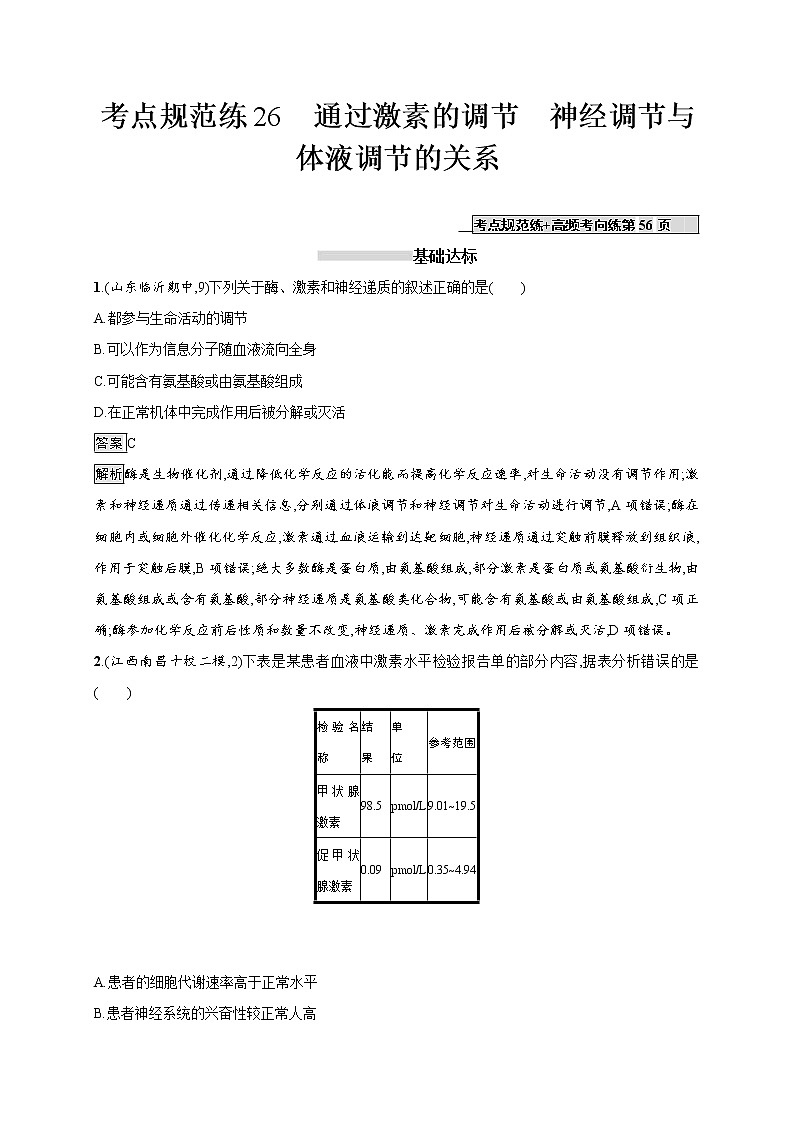 高考生物一轮复习考点规范练26《通过激素的调节 神经调节与体液调节的关系》(含详解)第1页