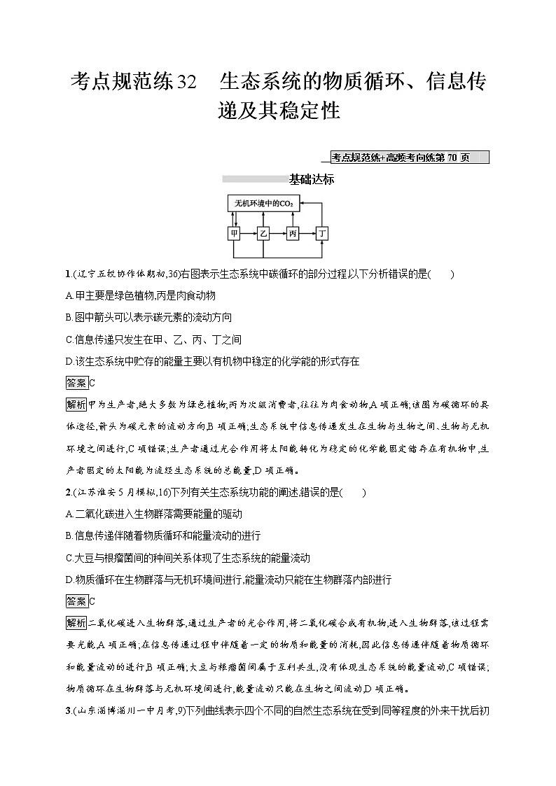 高考生物一轮复习考点规范练32《生态系统的物质循环、信息传递及其稳定性》(含详解)第1页