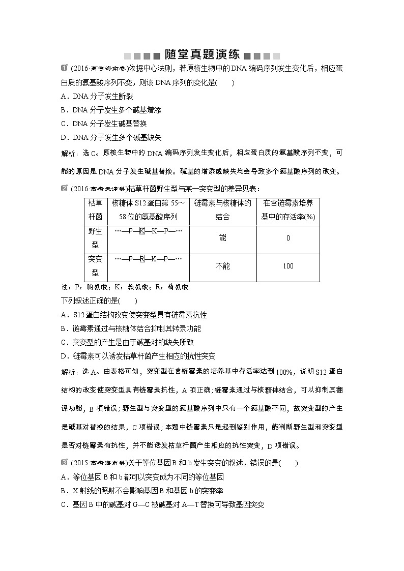 高考生物一輪復(fù)習(xí)方案練習(xí)：第7單元 隨堂真題演練22基因突變和基因重組 （含詳解）第1頁