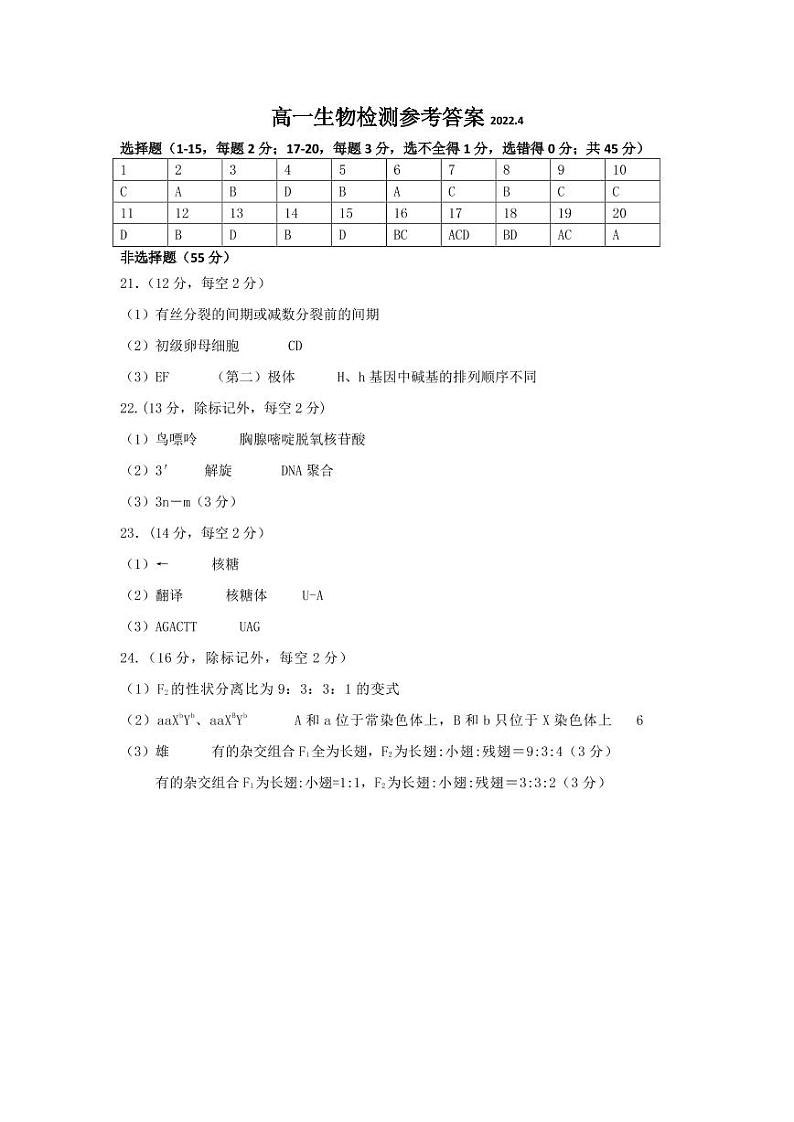 高一生物检测参考答案第1页