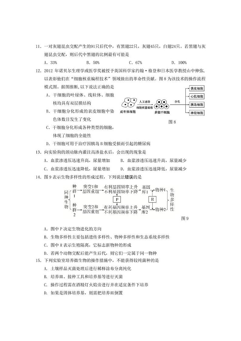 2020上海松江区一模生物试卷和参考答案03