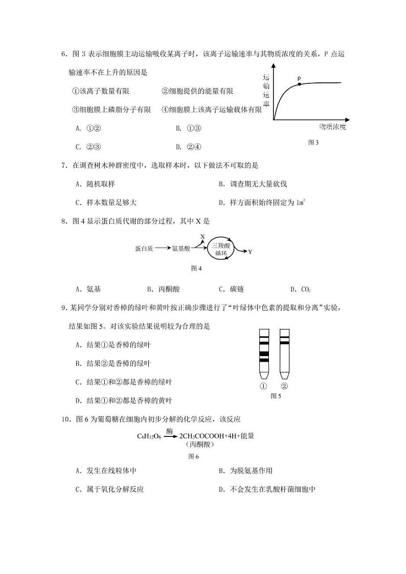 2020上海嘉定区一模生物试卷和参考答案02