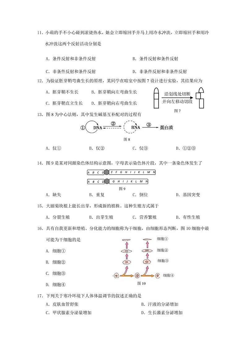 2020上海嘉定区一模生物试卷和参考答案03