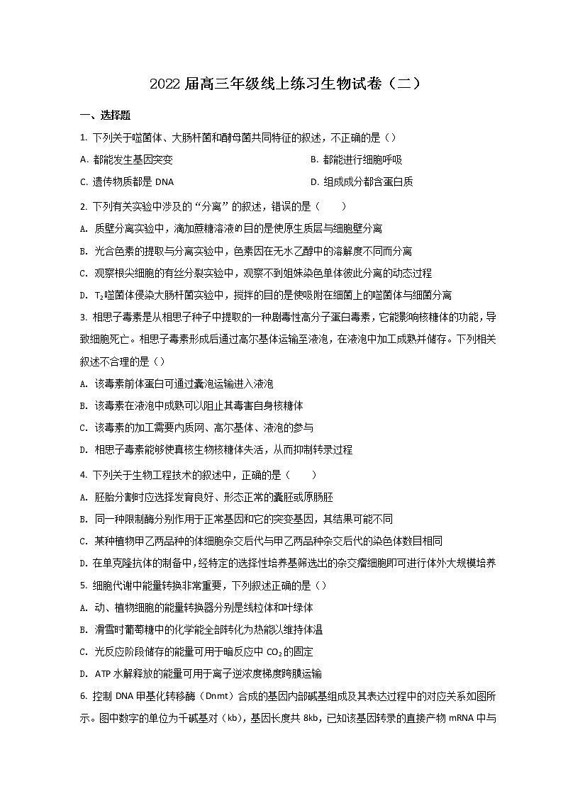 2022天津市宁河区芦台一中高三下学期线上二模考试生物试题含答案01