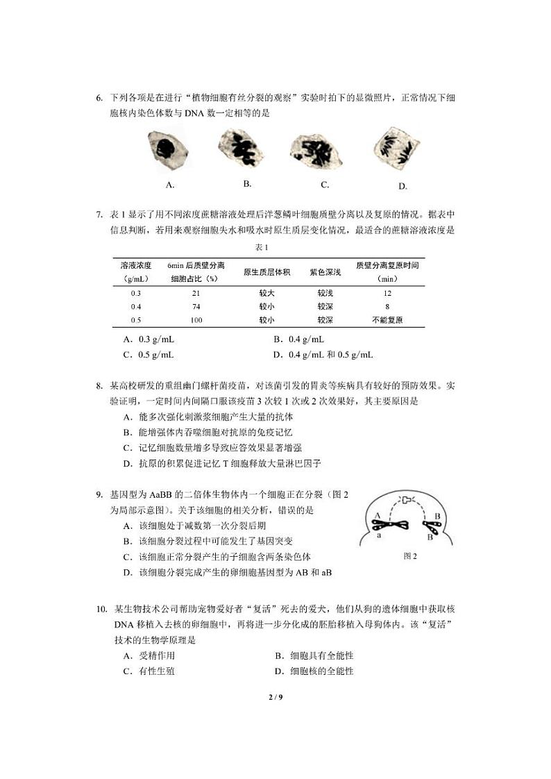 2022届上海市杨浦区高二(高三)下学期二模生物试题 PDF02