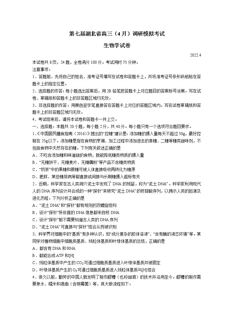 2022湖北省高三下学期4月调研模拟考试(二模)生物无答案第1页