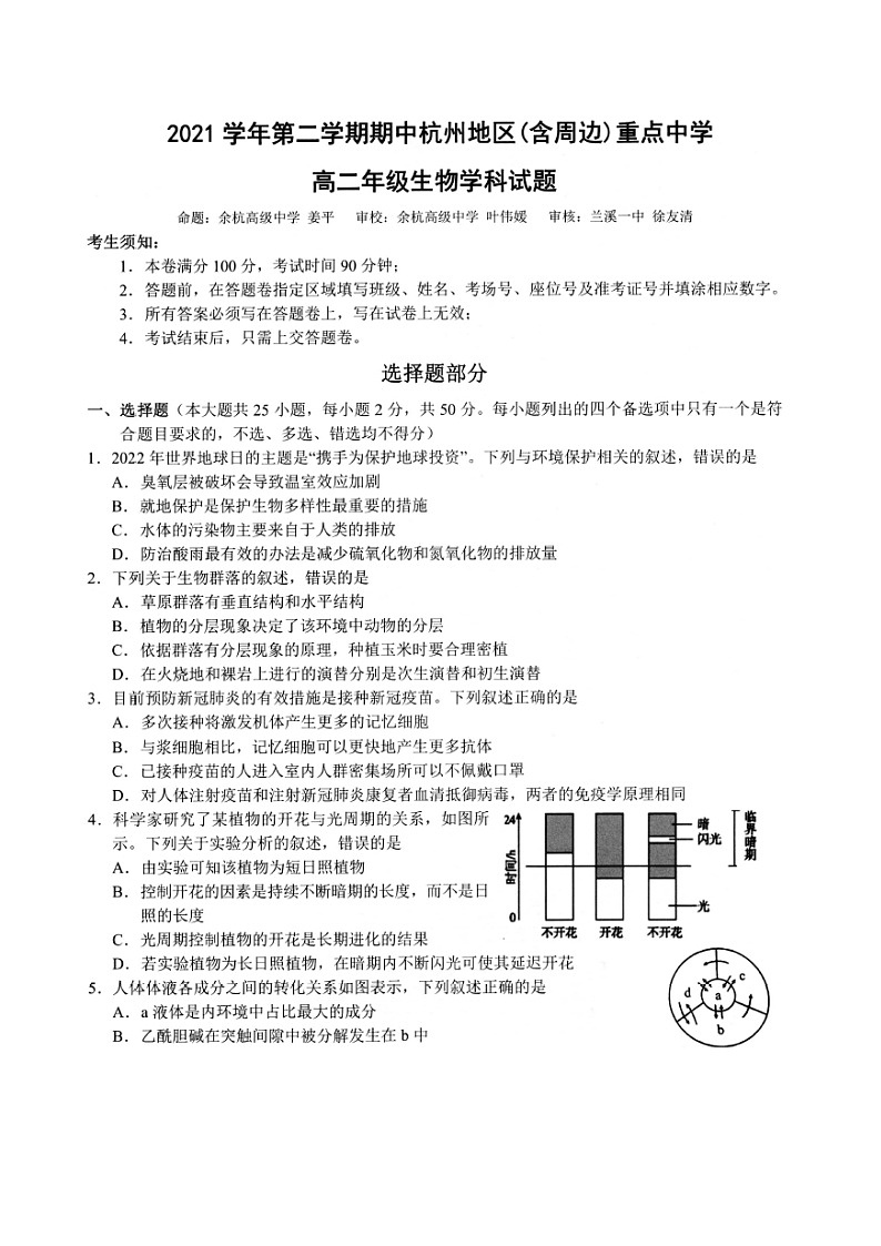2021第二学期期中杭州地区(含周边)重点中学高二年级生物试题含答案第1页