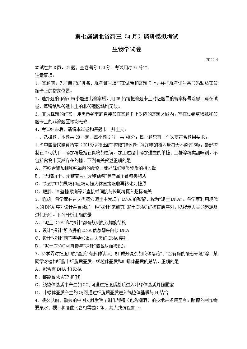 2022湖北省高三下学期4月调研模拟考试（二模）生物无答案01