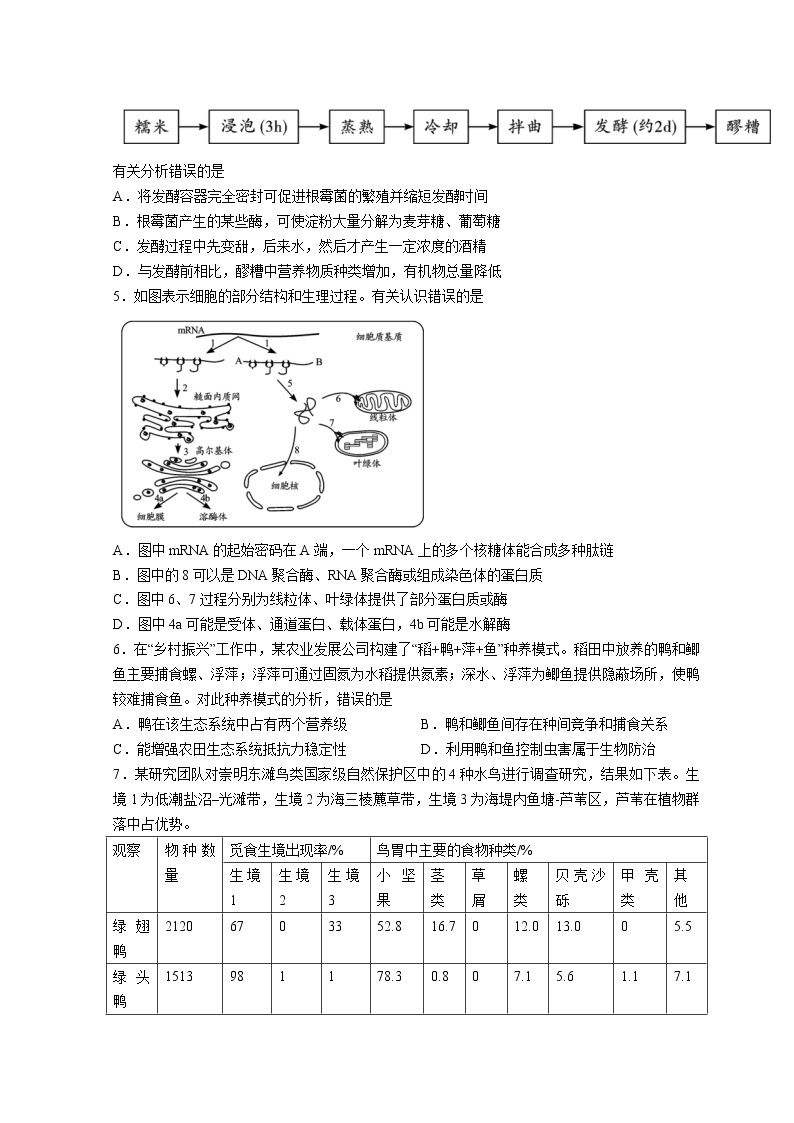 2022湖北省高三下学期4月调研模拟考试（二模）生物无答案02