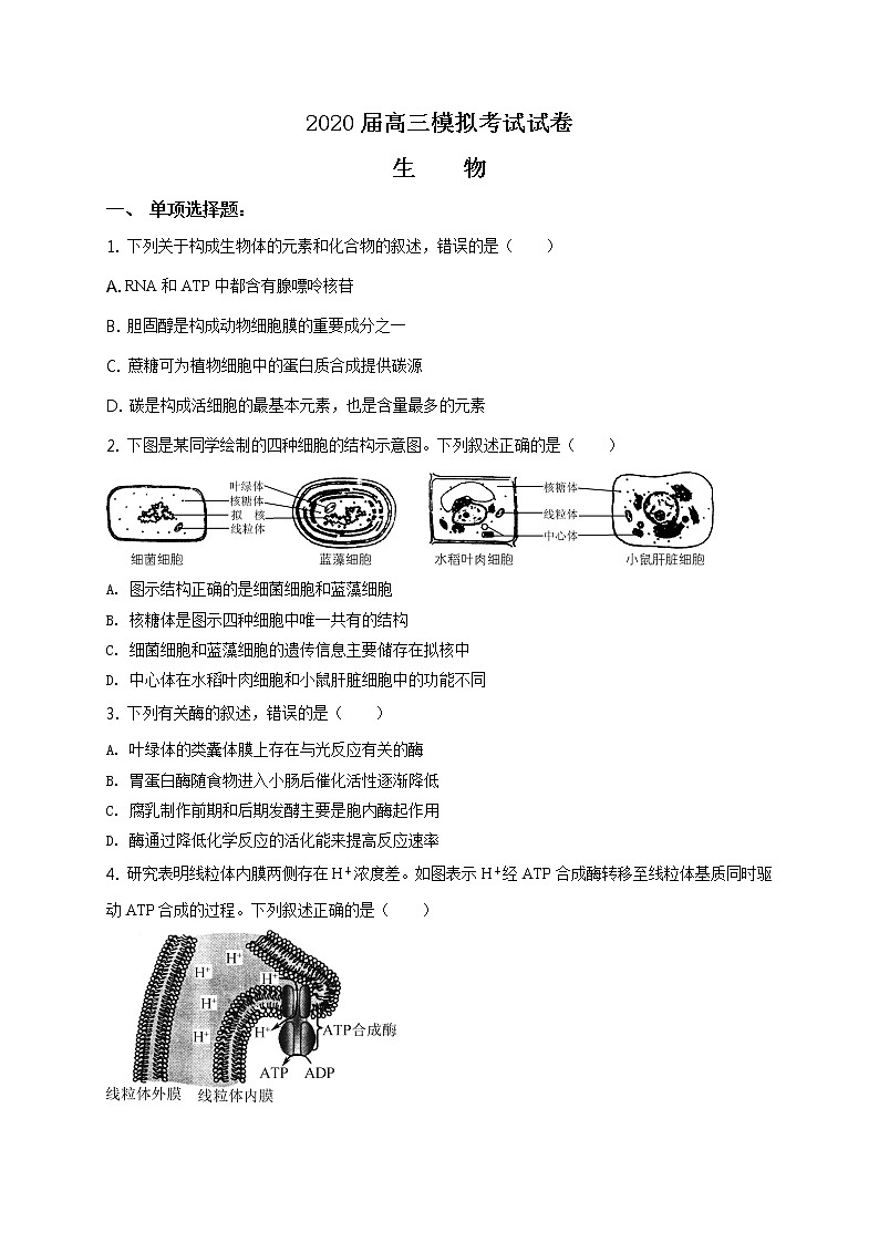 2020届江苏省南京市高三三模生物卷+答案01