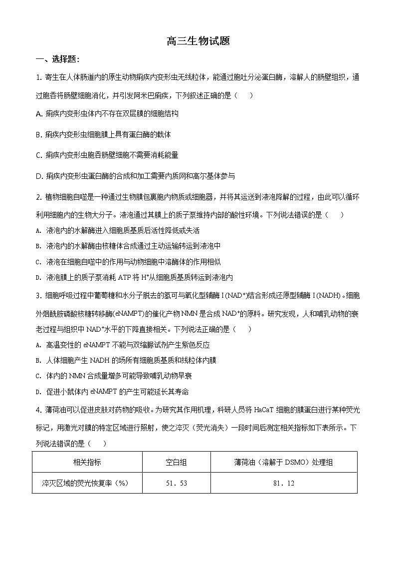 2020屆山東省濱州市高三二模生物試題（原卷版）第1頁