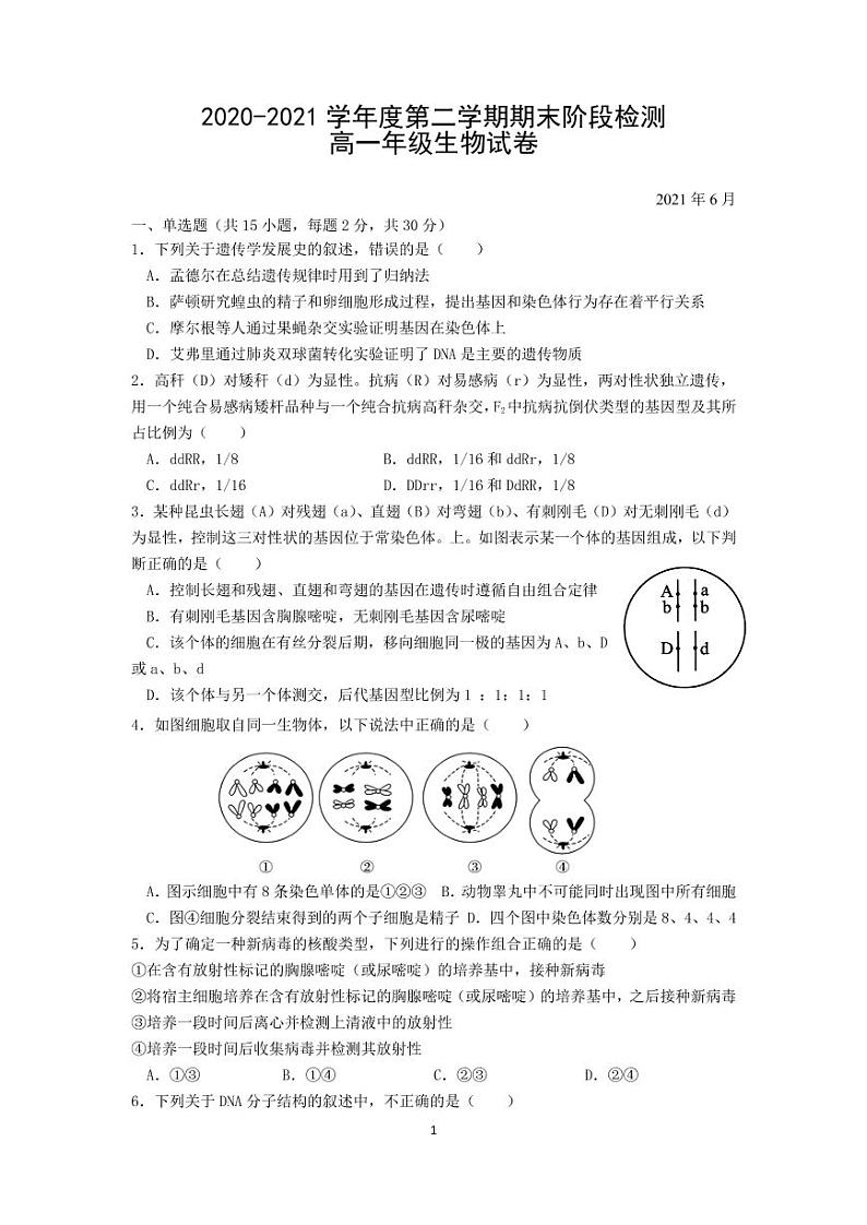 江苏省常州市新桥高级中学2020-2021学年高一下学期期末阶段检测生物试题第1页