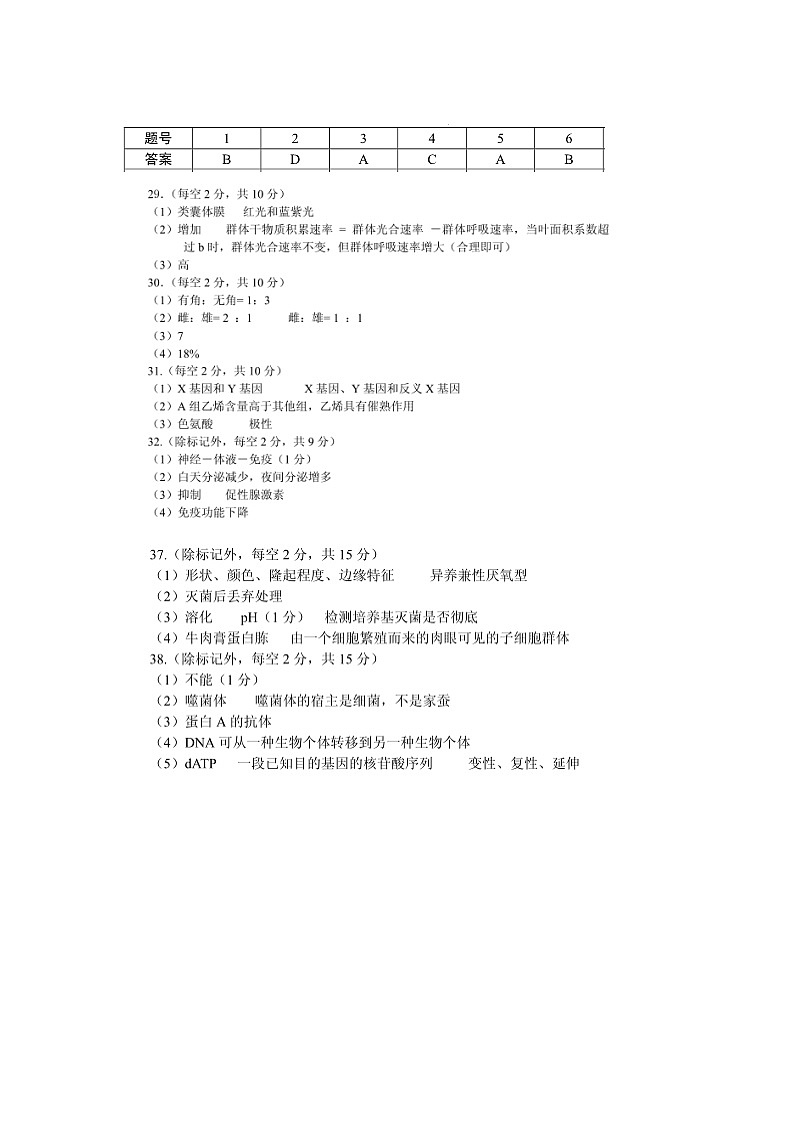 2020年贵州省毕节市高三第三次模拟考试生物卷及答案01