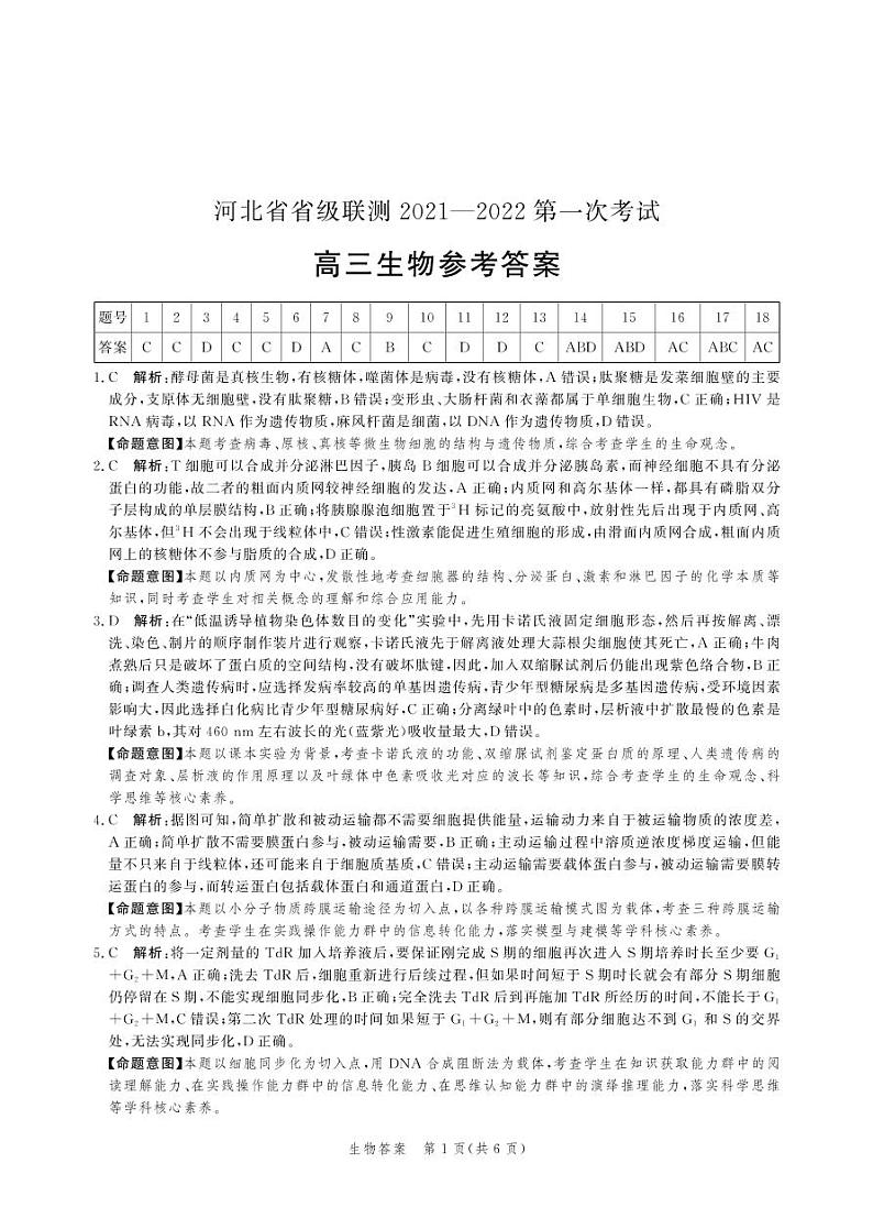 2022届河北省省级联测高三上学期第一次考试生物试题(PDF版)01
