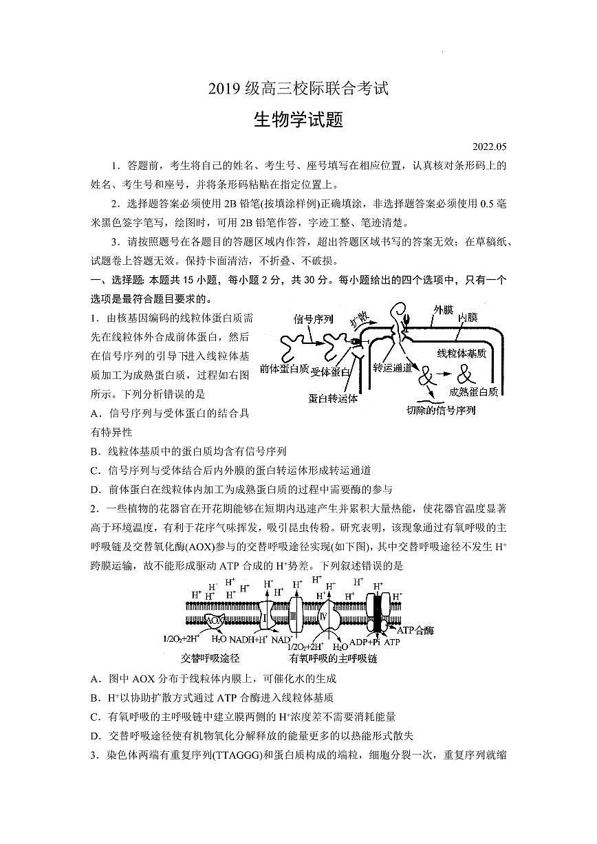 2022年山東日照高三二模 生物試卷及答案第1頁(yè)