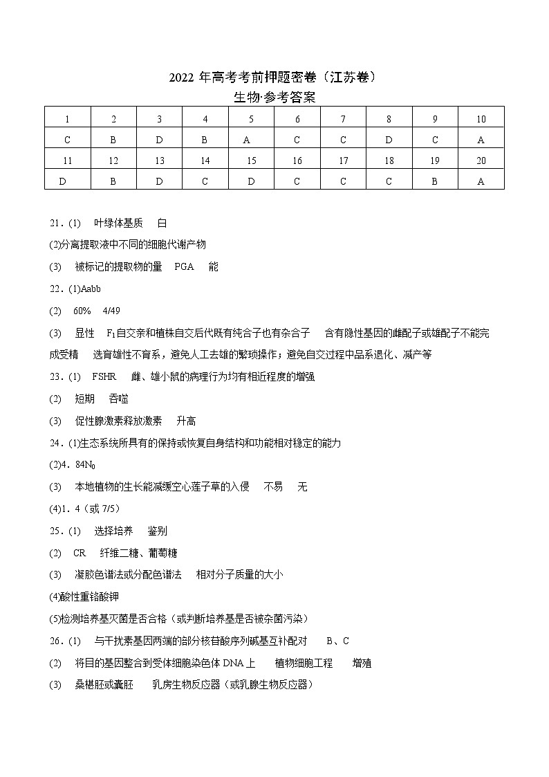 生物-2022年高考考前押题密卷(重庆卷)(参考答案)第1页
