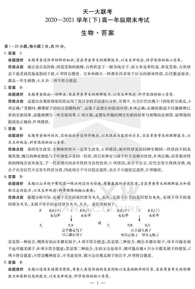 生物高一下期末详细答案第1页