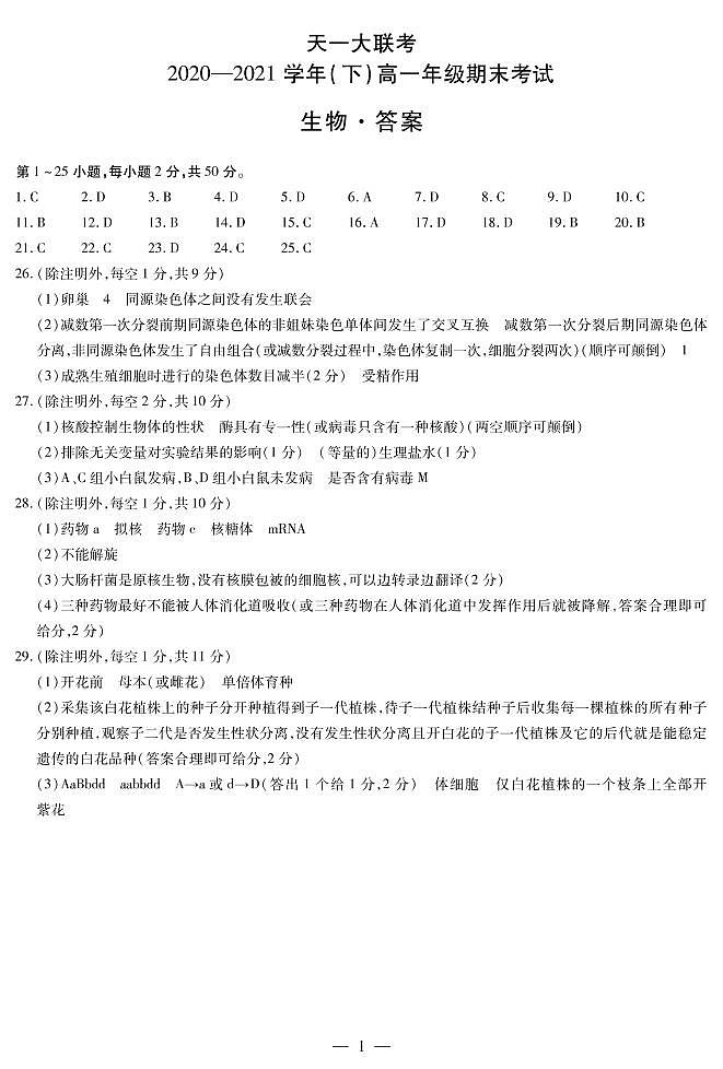 生物高一下期末简易答案第1页