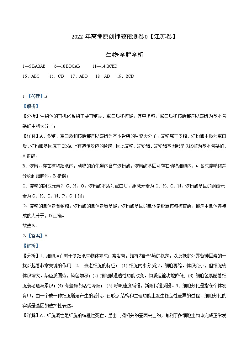 2022年高考押题预测卷02(江苏卷)-生物(全解全析)第1页