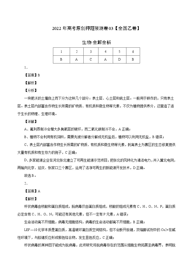 2022年高考生物押题预测卷+答案解析03（全国乙卷）01