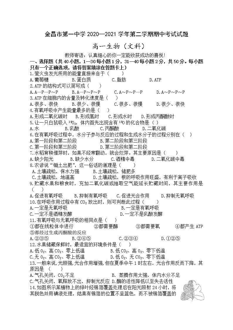 2021金昌一中高一下学期期中考试生物(文)试题含答案01