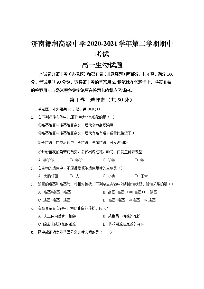 2021济南德润高级中学高一下学期期中考试生物试卷含答案第1页