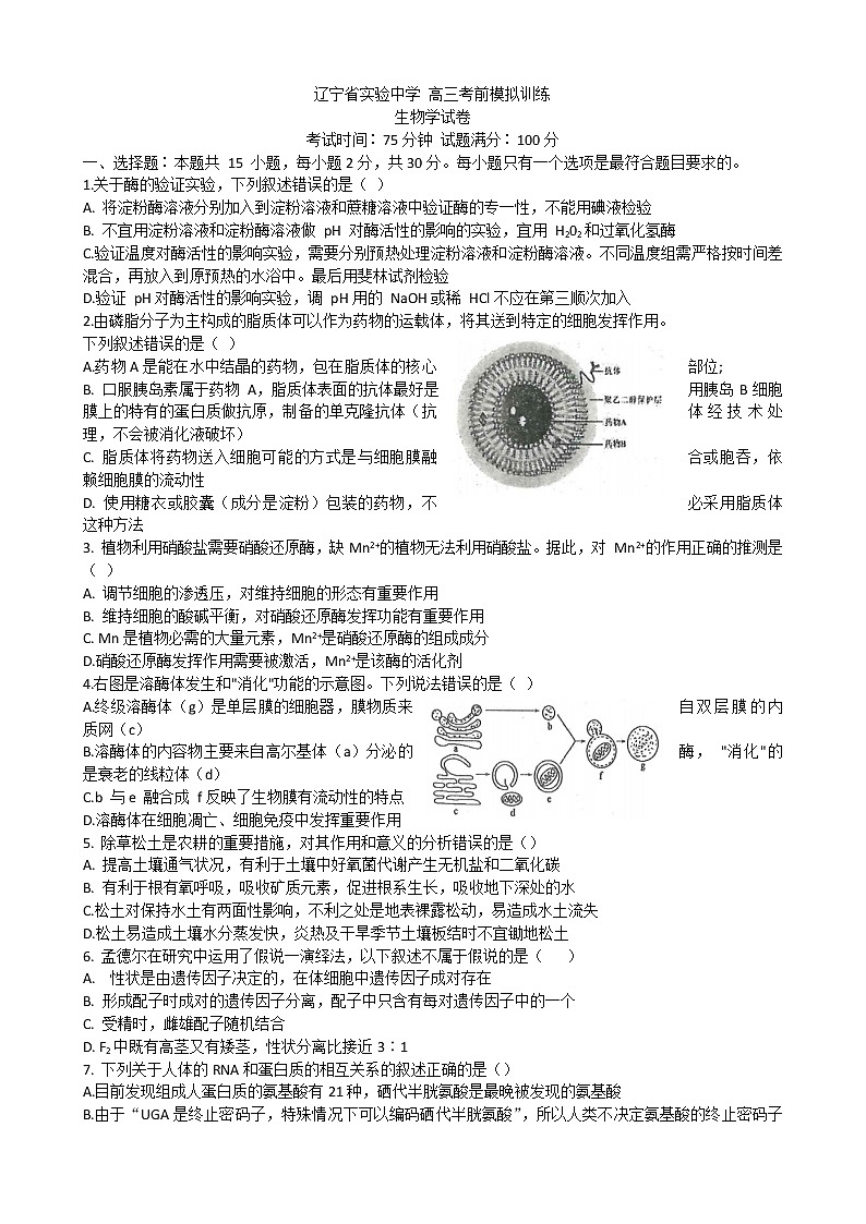 2022辽宁省实验中学高三考前模拟训练生物试题含答案01