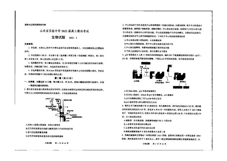 2022山东省实验中学高三模拟试题(三模)生物PDF版含答案01
