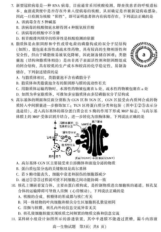 山东省潍坊(安丘市、诸城市、高密市)2021-2022学年高一上学期期中考试生物试题第3页
