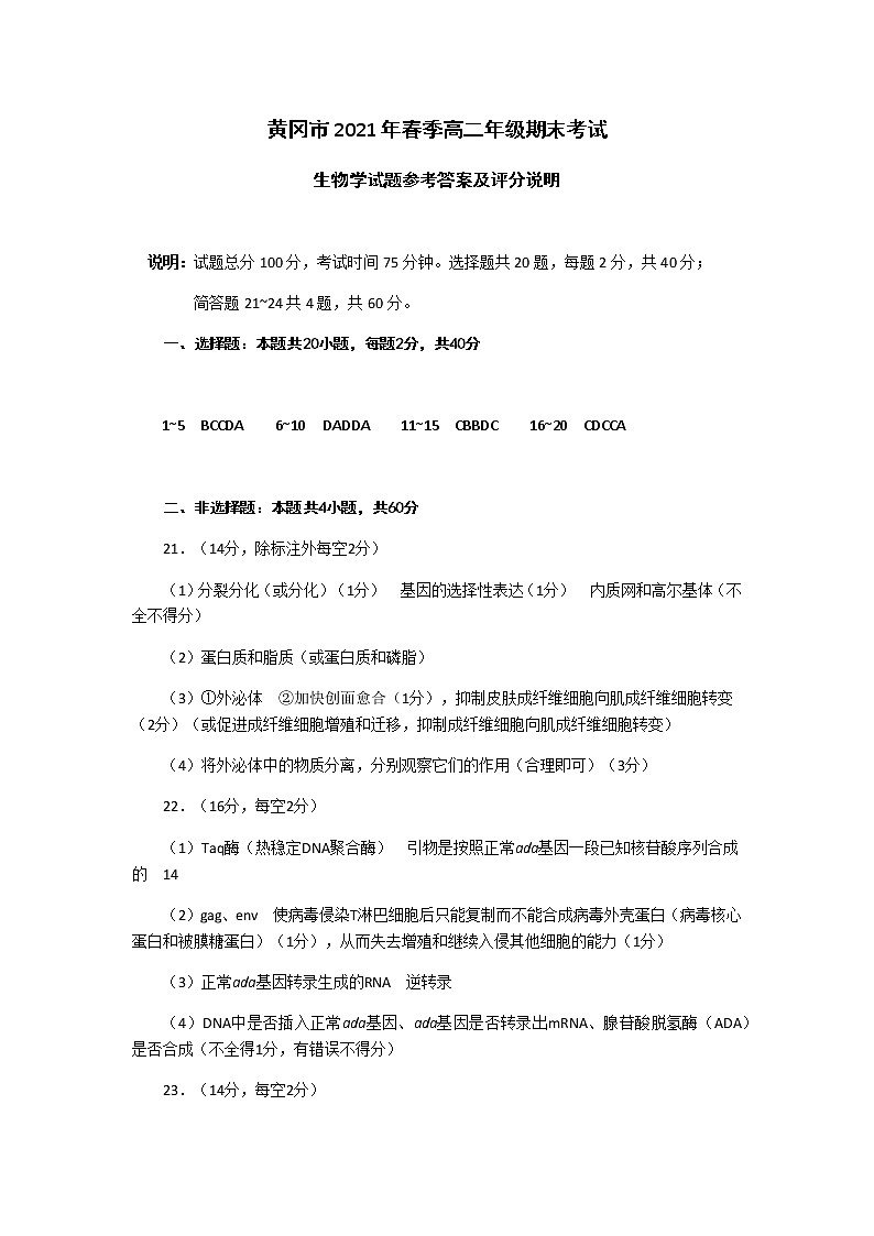 2021黄冈高二下学期期末生物试卷图片版含答案01