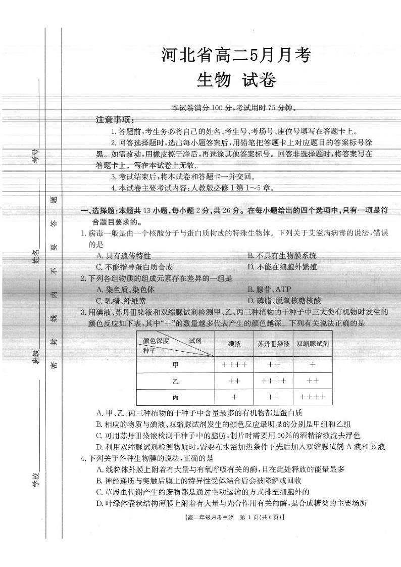 高二生物试卷第1页