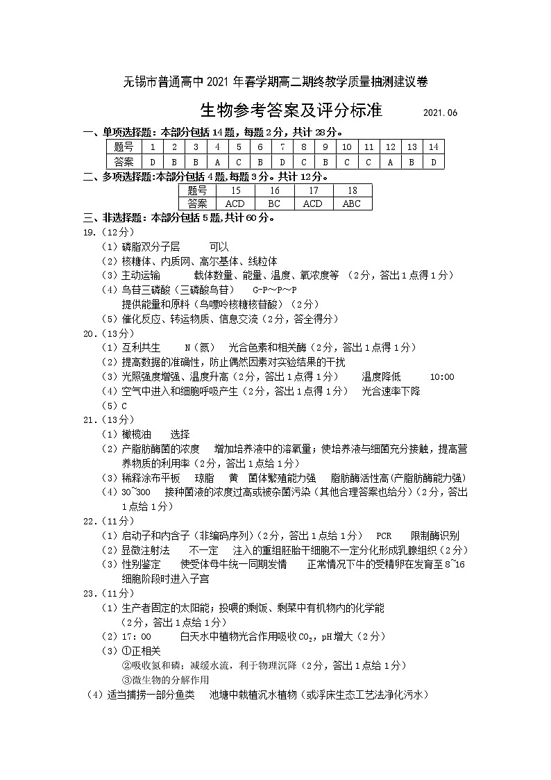 江苏省无锡市2020-2021学年高二下学期期终教学质量抽测生物答案第1页