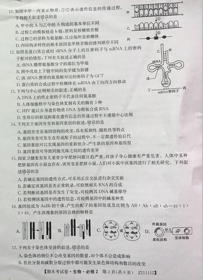2021铜川高一下学期期末考试生物试题图片版含答案第3页