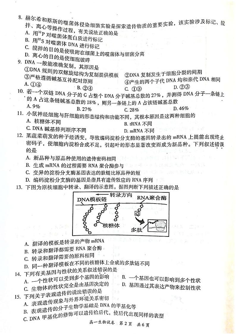 广东省梅州市2020-2021学年高一下学期期末考试生物试卷(PDF版)第2页