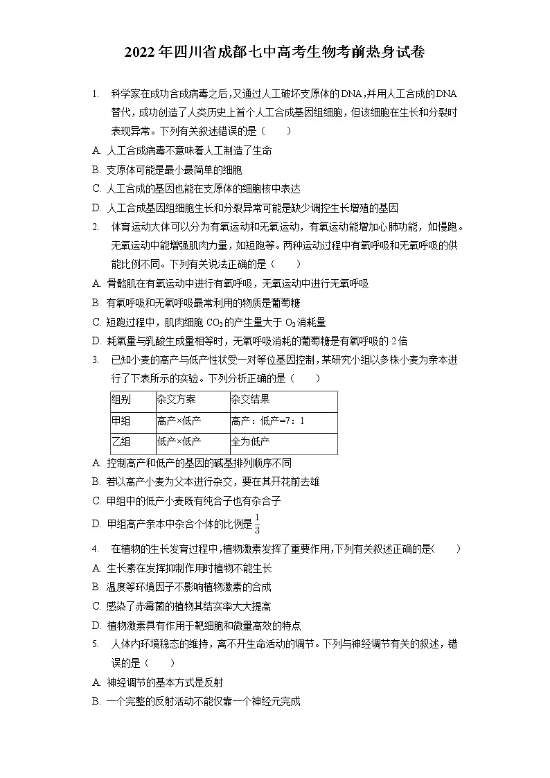 2022年四川省成都七中高考生物考前热身试卷(含答案解析)第1页