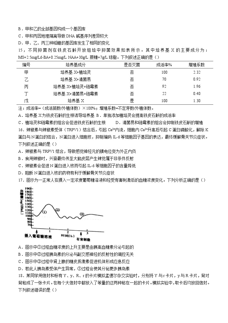 2022杭州高二下学期期末生物含答案 试卷03