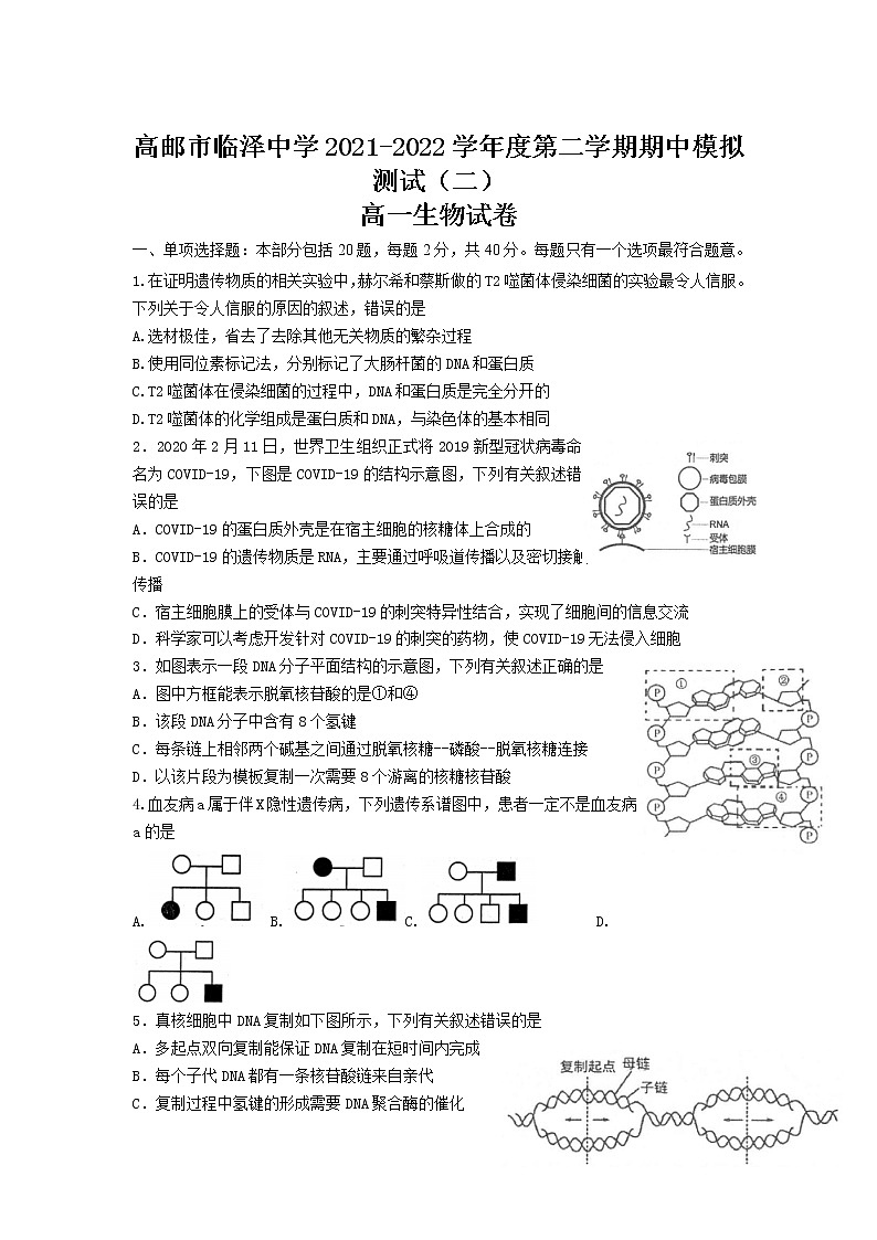 2021-2022学年江苏省高邮市临泽中学高一下学期期中模拟测试(二)生物试卷含答案第1页