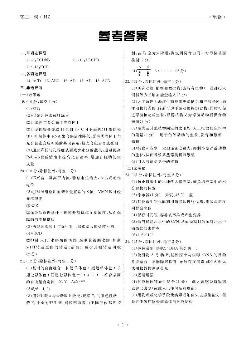 生物衡中高三下学期一模答案第1页