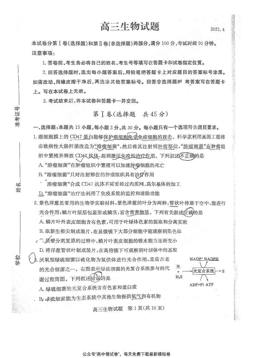2021德州高三下學(xué)期4月第二次模擬考試（二模）生物試題掃描版含答案第1頁(yè)