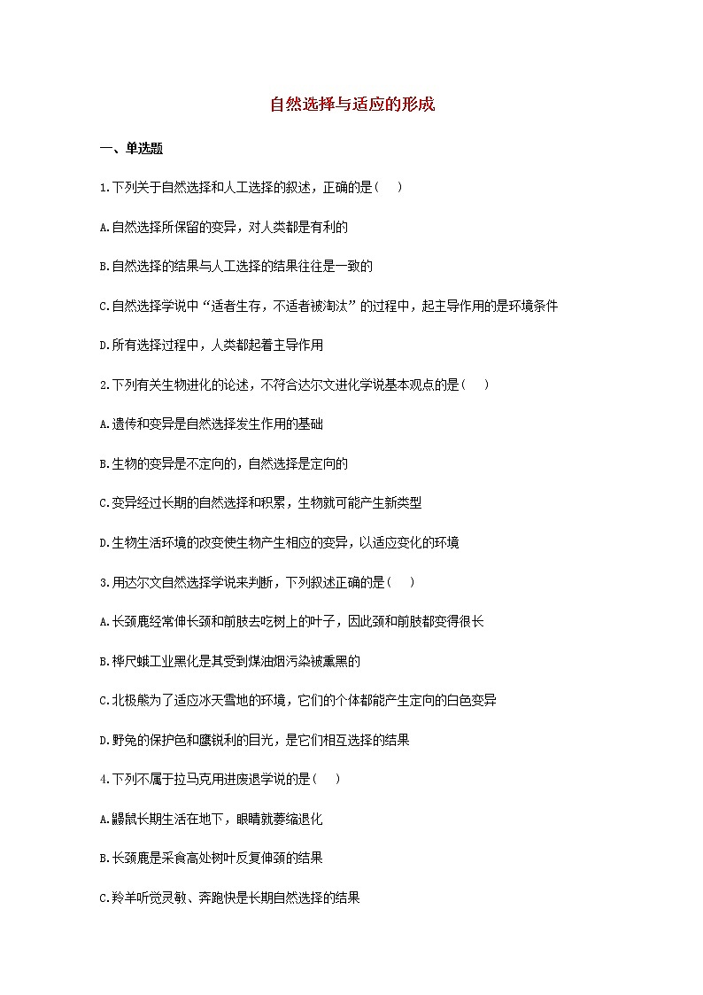高中生物暑假作业16自然选择与适应的形成能力提升含解析第1页