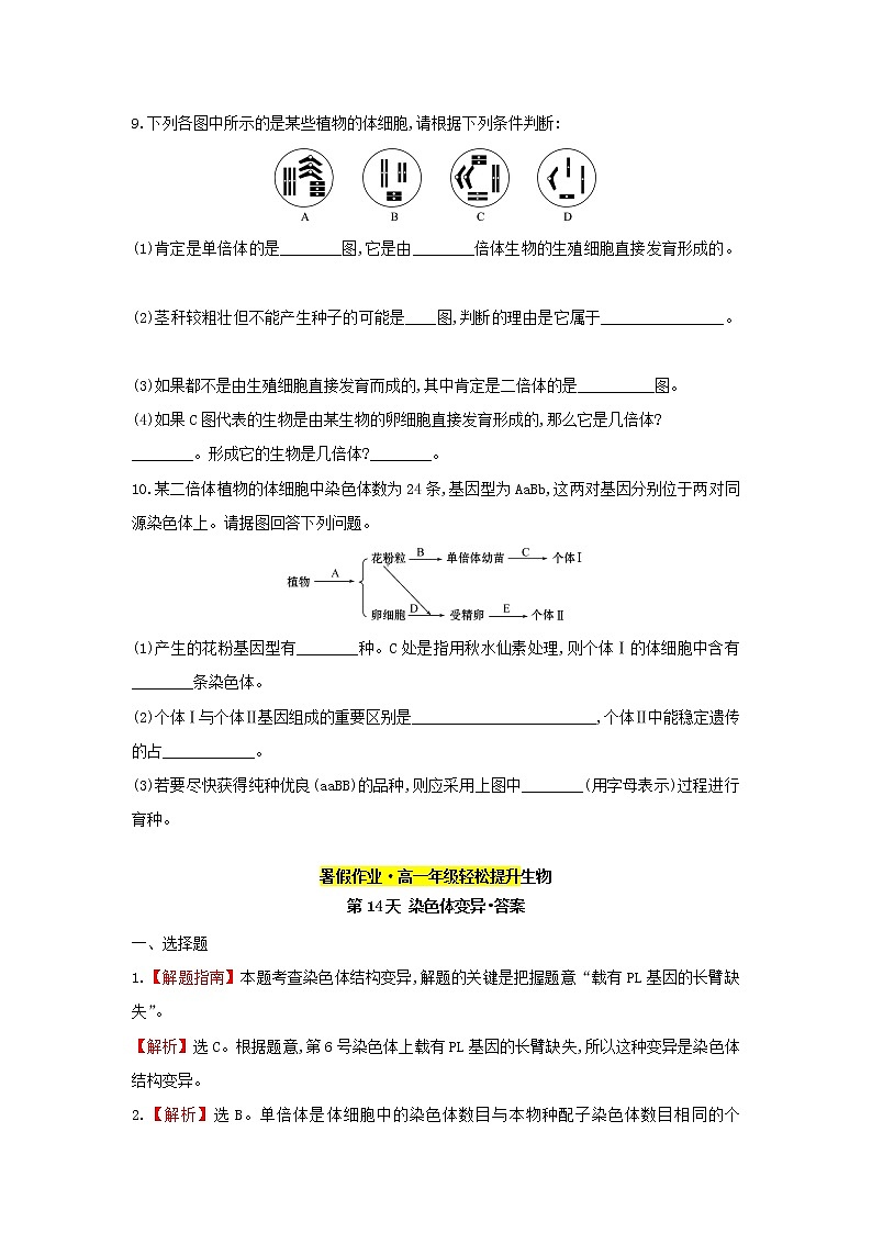 新教材高中生物暑假作业第14天染色体变异含解析第3页