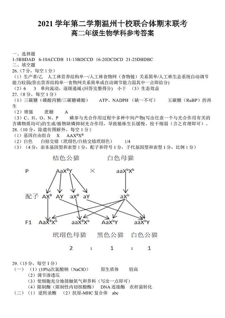 高二生物 答案第1页