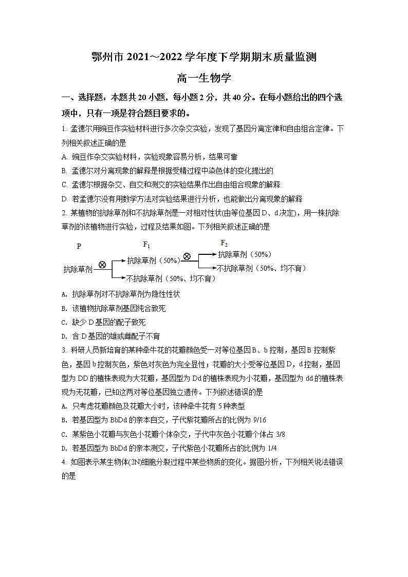 湖北省鄂州市2021-2022学年高一下学期期末质量监测生物试题(试卷版)第1页